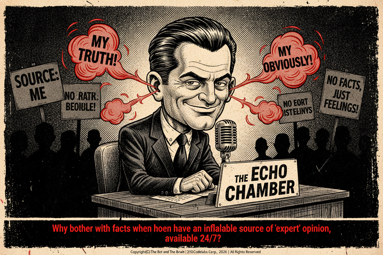 A cartoon shows a smug pundit with an inflated head speaking into a microphone at a news desk labeled "THE ECHO CHAMBER."