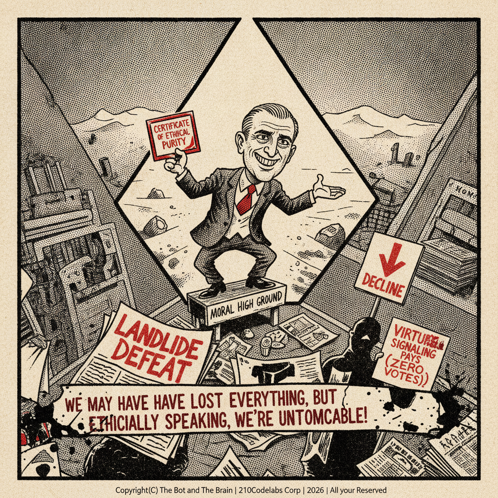 A cartoon shows a smiling politician on a tiny 'Moral High Ground' soapbox, holding an 'Ethical Purity' certificate next to a 'Landslide Defeat' newspaper.