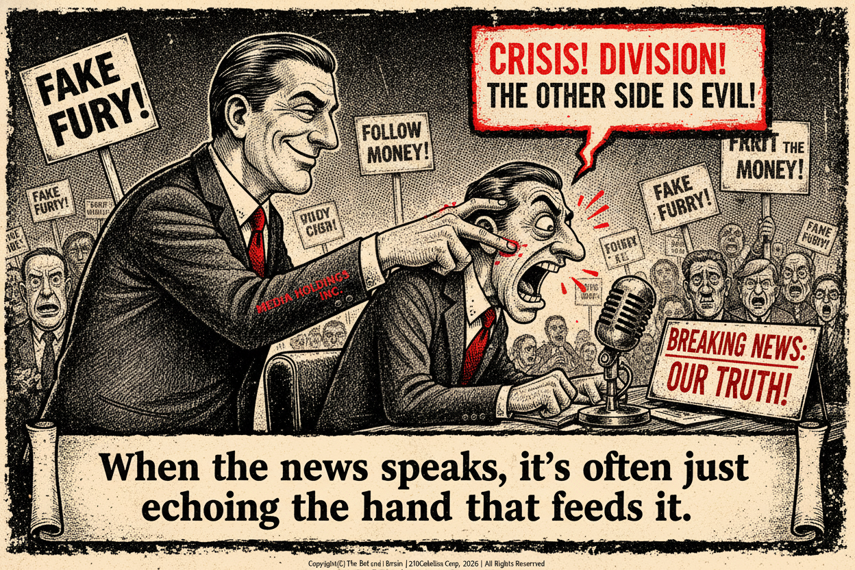 A corporate executive manipulates a screaming news pundit puppet from behind a news desk.