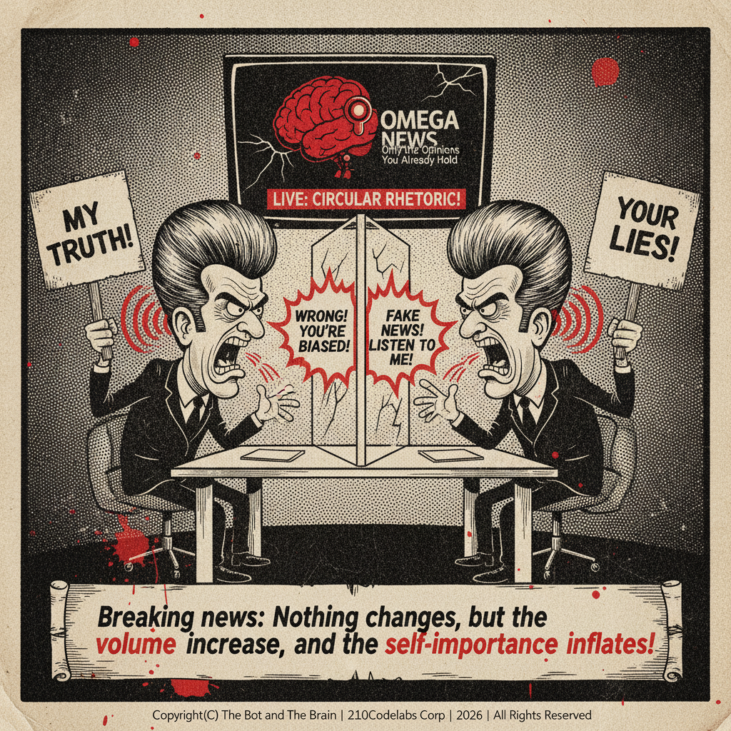 A cartoon shows two furious, caricatured cable news pundits shouting across a desk in a television studio, with their sound waves shown bouncing back into their own ears.