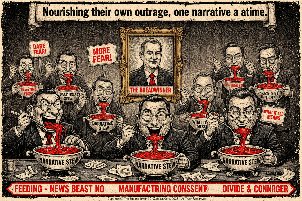 A cartoon depicts a dozen self-important cable news pundits in a luxurious pantry, eating from tureens labeled with news clichés, under a portrait of a smiling executive.