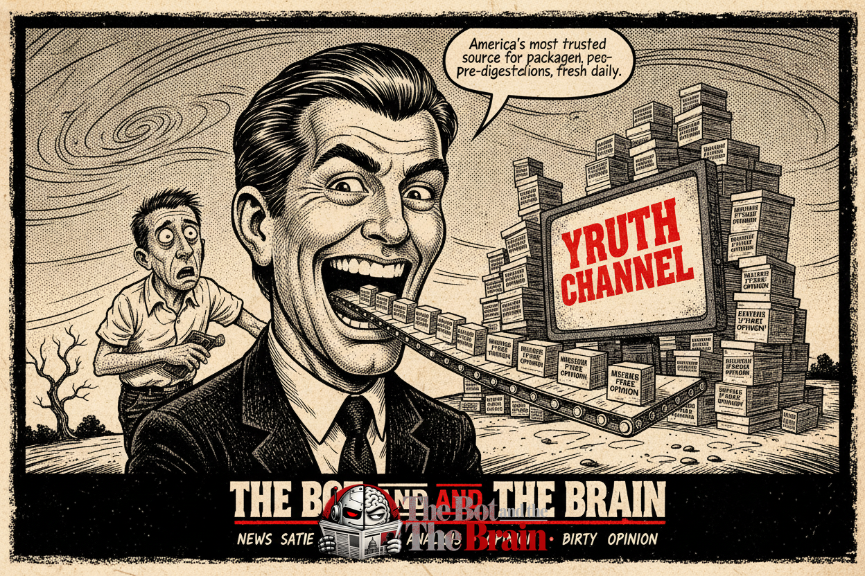 A cartoon shows a smirking male news pundit whose mouth acts as a conveyor belt producing boxes labeled 'Manufactured Outrage' and 'Fact-Free Opinion', with an intern stacking them.