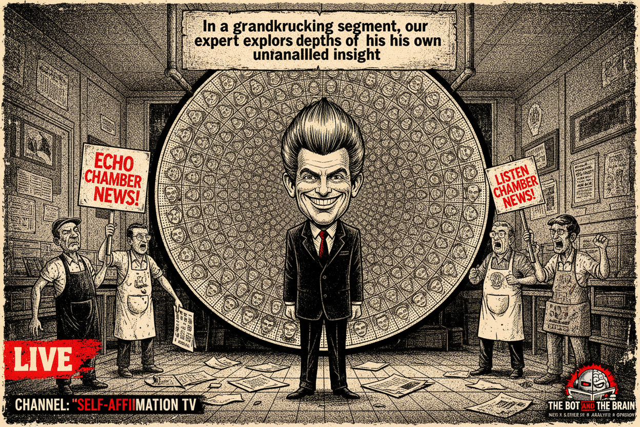 A cartoon of a smirking, overly coiffed news pundit standing in a circular studio surrounded by screens showing hundreds of identical images of his own face.