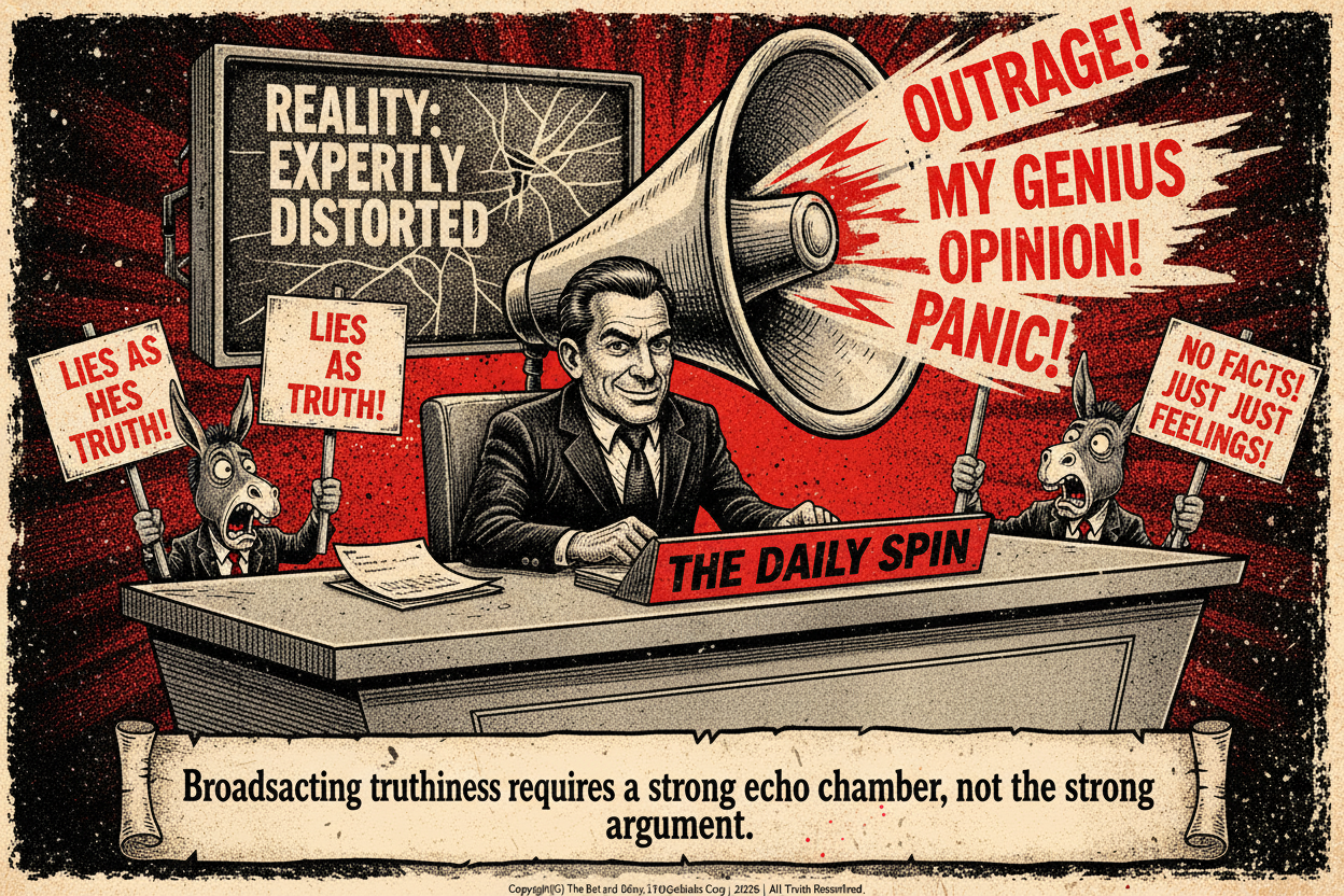 A political cartoonist's drawing of a smirking pundit with a giant megaphone for a head, spewing phrases like 'OUTRAGE!' and 'MY GENIUS OPINION!', sitting at a news desk.
