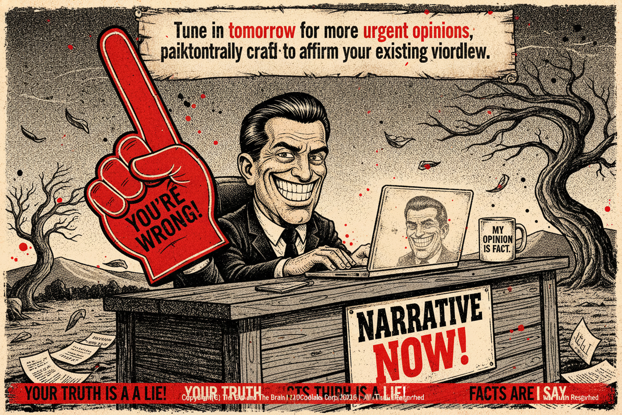 A cartoon depicts a smug male pundit at a news desk, typing on a laptop that mirrors his face and pointing a foam finger that says "YOU'RE WRONG!" towards the viewer.