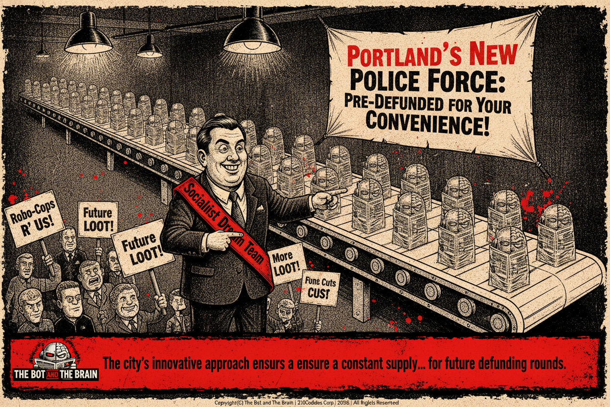 A cartoon depicts a factory assembly line producing many identical, shrink-wrapped police officers. A smiling politician with a 'Socialist Dream Team' sash points to an overhead banner that reads 'Portland's New Police Force: Pre-Defunded for Your Convenience!'