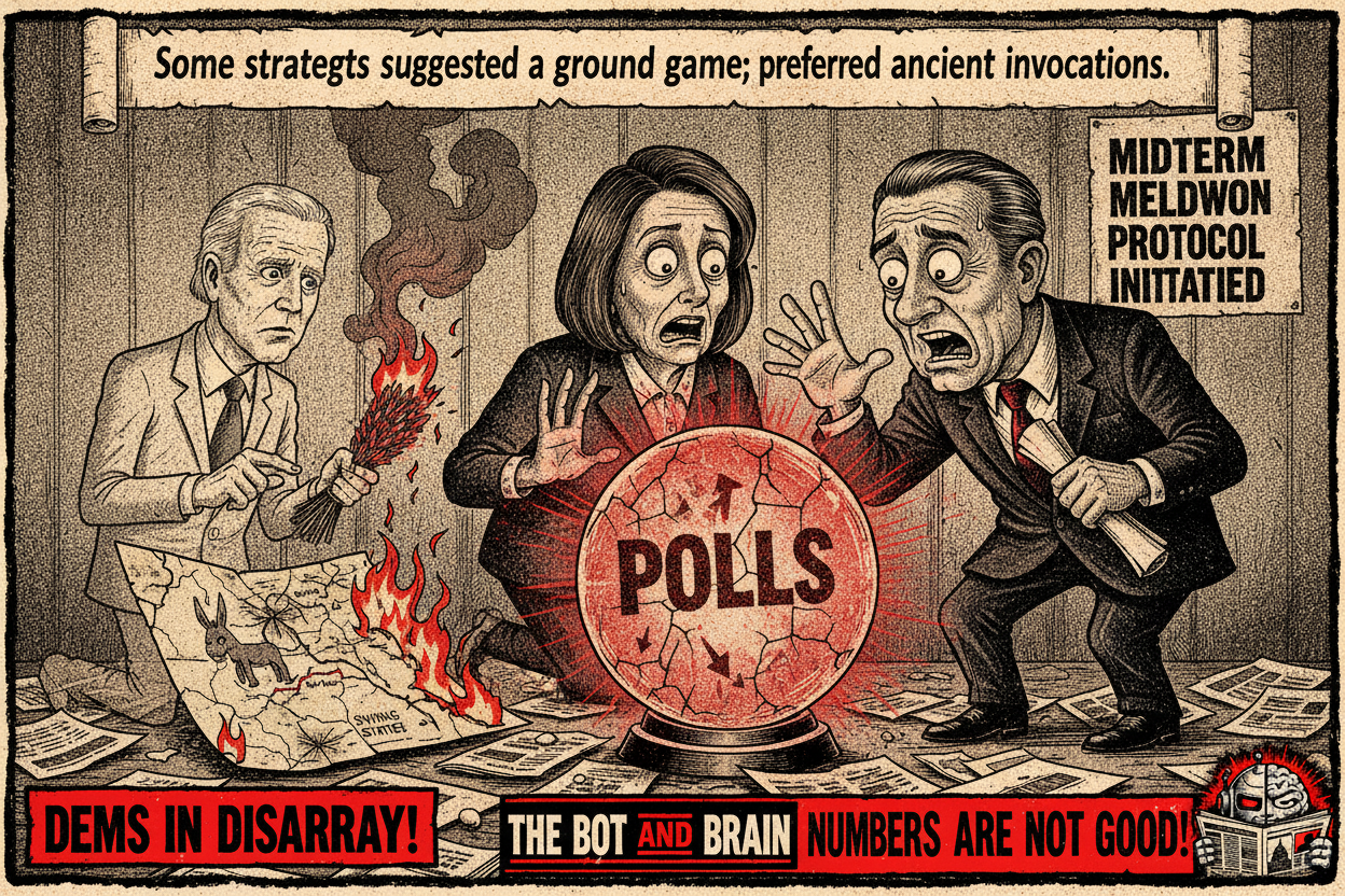 A political cartoon depicts caricatures of Nancy Pelosi and Chuck Schumer frantically consulting a crystal ball in a 'Democratic Strategy War Room' while a spectral Joe Biden tries to light sage next to a burning map.