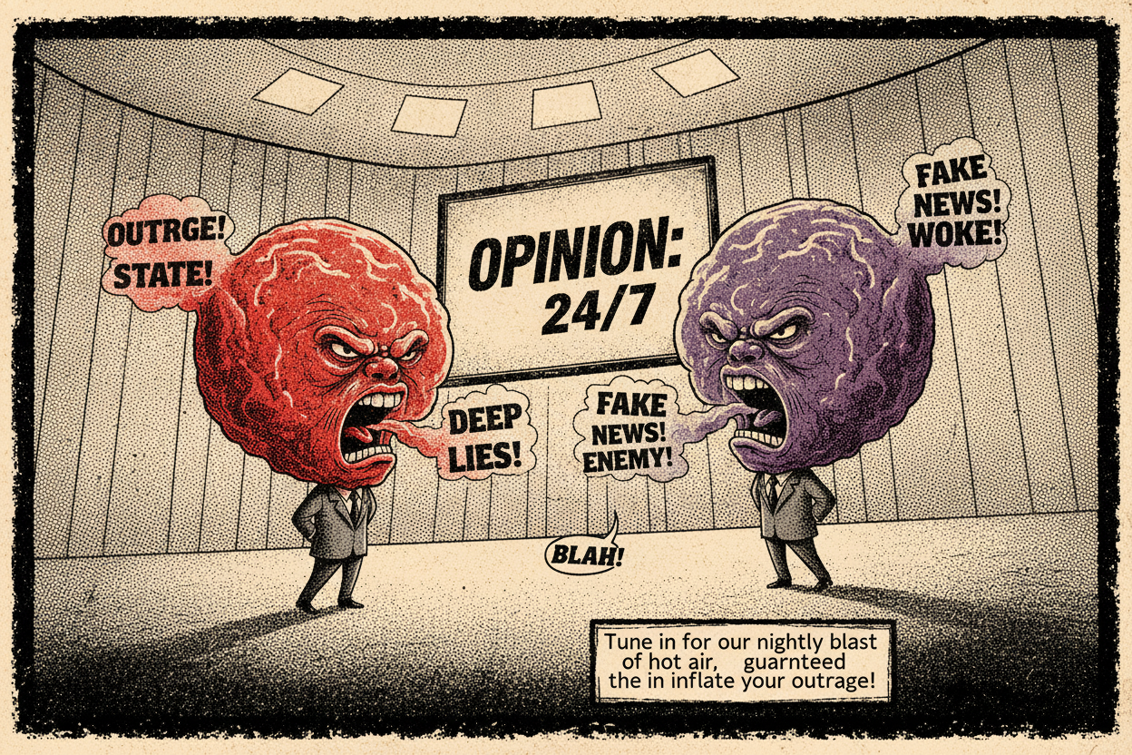 An illustration of two pundits with heads made of gas in a TV studio, shouting at each other with angry word clouds.