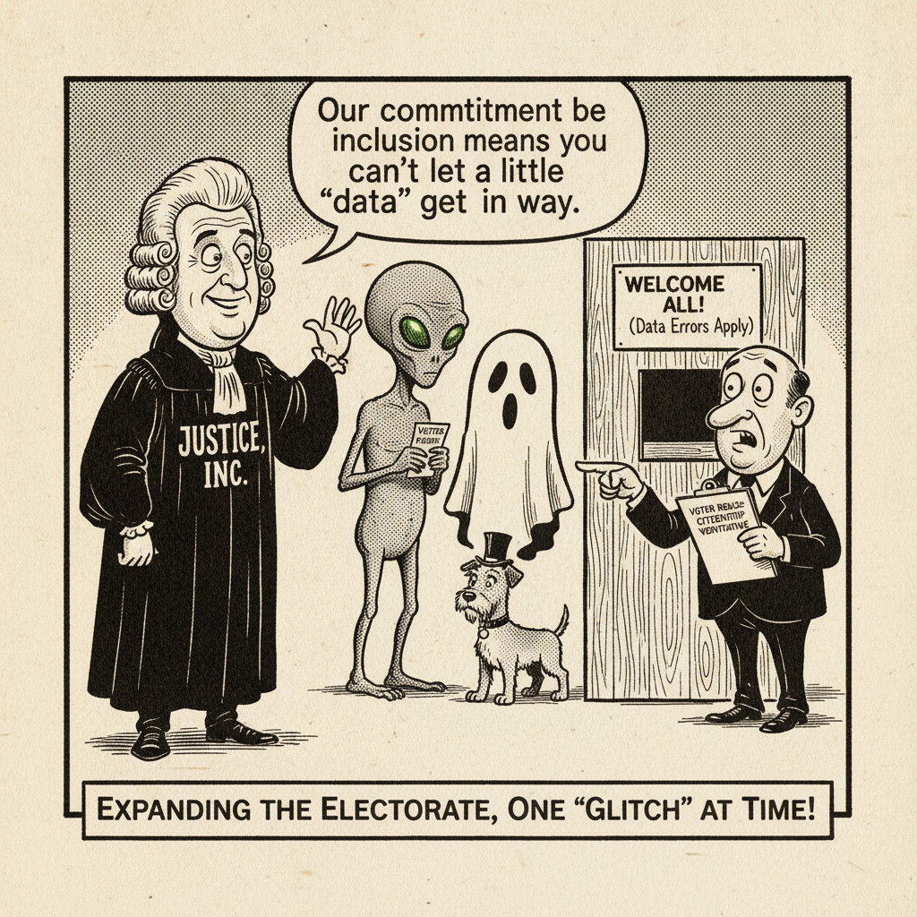 A cartoon shows a pompous judge in a wig and a robe labeled "JUSTICE, INC." waving through a line of non-human voters, including an alien, a ghost, and a dog, towards a voting booth. A bewildered election official points at the judge. The booth sign reads "WELCOME ALL! (Data Errors Apply)".