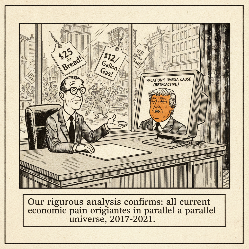 An editorial cartoon showing a New York Times economist in a luxurious office blaming a former president on a screen for current inflation visible outside his window.