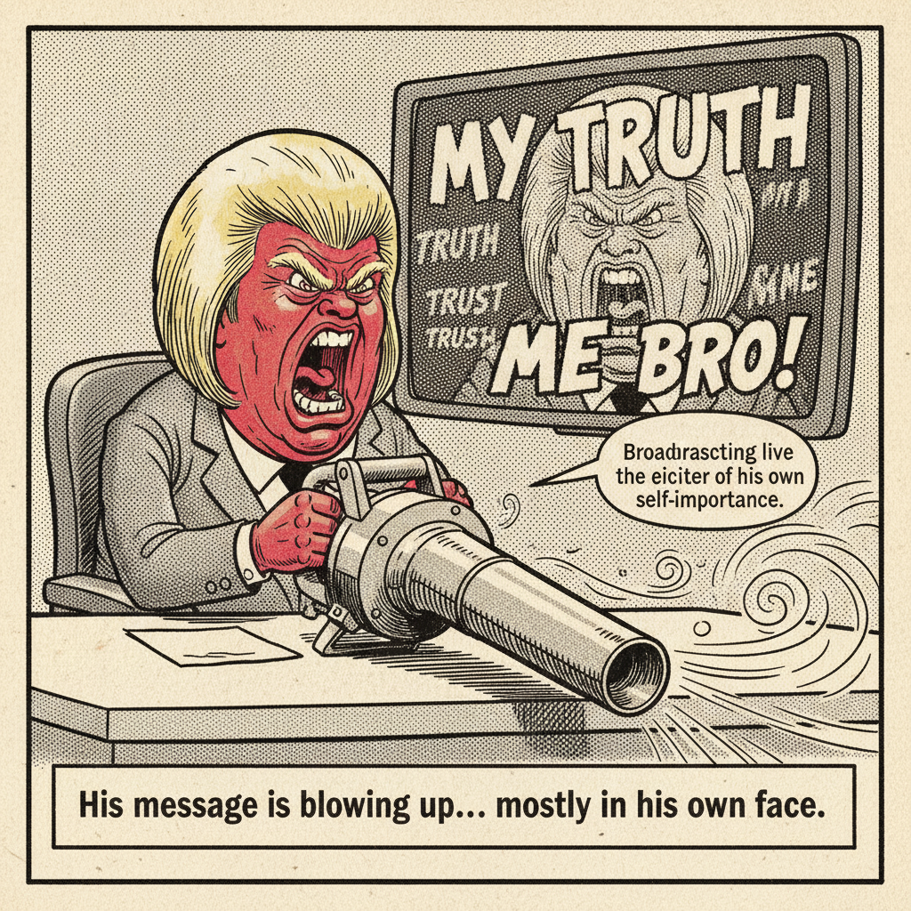 A cartoon shows a red-faced male news pundit with exaggerated hair yelling into a leaf blower at an anchor desk, with a monitor behind him displaying his own face and text that reads 'MY TRUTH' and 'TRUST ME BRO'.