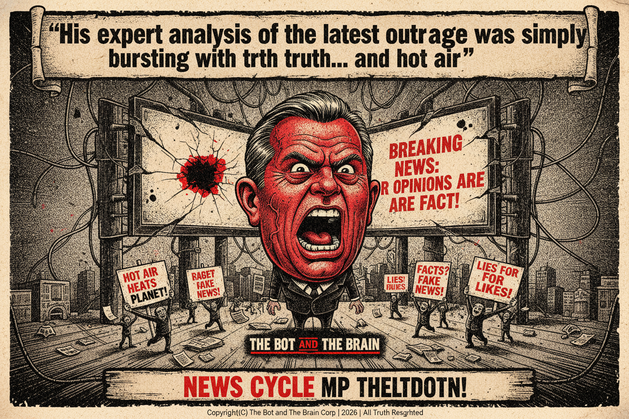 A cartoon shows a male cable news pundit with an enormously inflated, red face filling the entire television panel, causing the studio set to visibly crack around him.